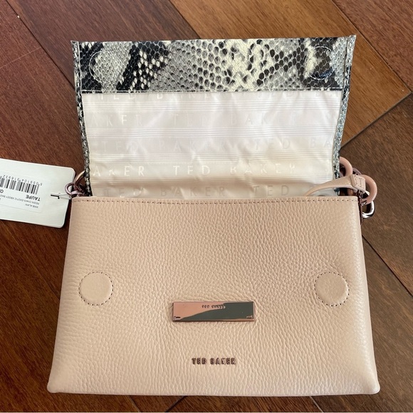 NWT Ted Baker Alani Snake Embossed Leather Shoulder Bag Taupe Pink Chain Cross - Picture 9 of 15